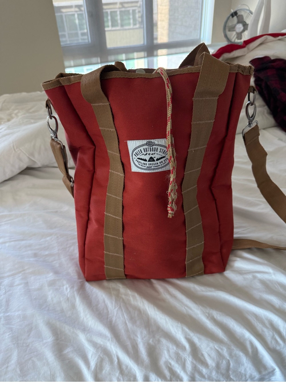 Poler orange Canvas Messenger Tote with Brown Trim